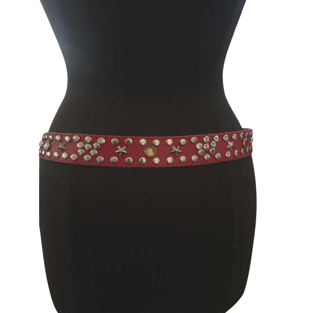 Red Leather Studded Star Belt Cabochons 80/90s Mall Goth Hong Kong Punk Rocker M